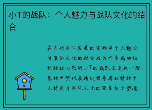 小T的战队：个人魅力与战队文化的结合